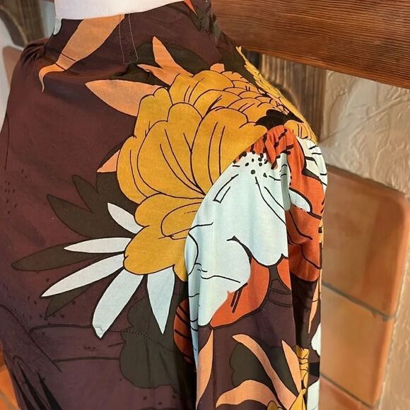 Free People Brown Floral Boho Balloon Sleeve Mini, size S - Picture 4 of 11